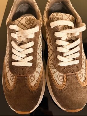 Tory Burch Brown Suede Logo-Pattern Athletic Sneakers with Cream Accents